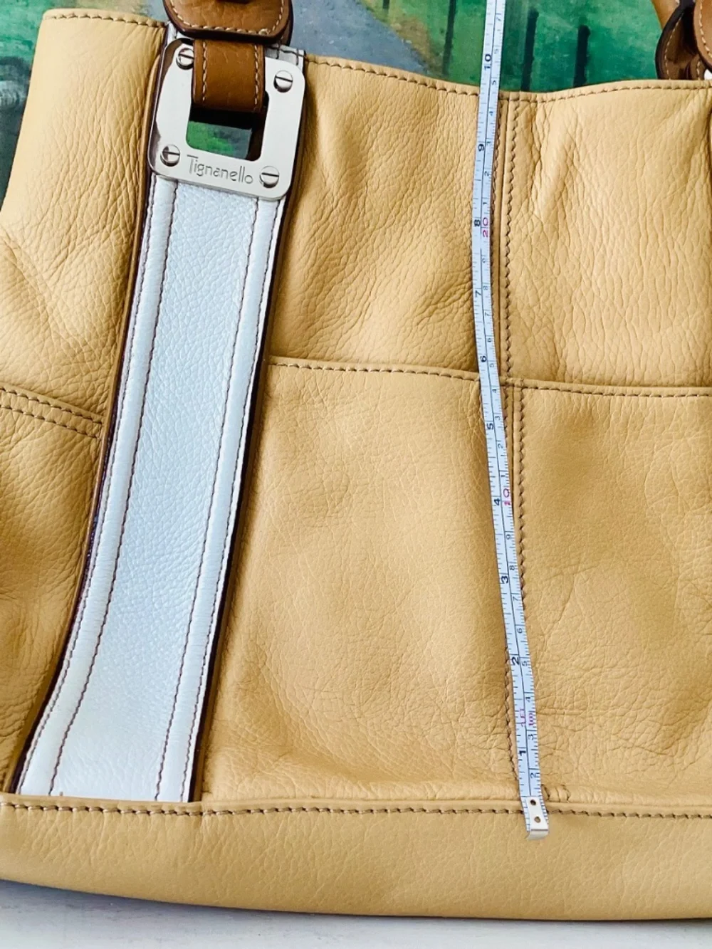 Tignanello Leather Yellow White Large Shoulder Purse Handbag Hobo Tote Summer